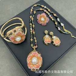 New natural tourmaline inlaid pearl flower set necklace ring bracelet four-piece set niche jewelry wholesale