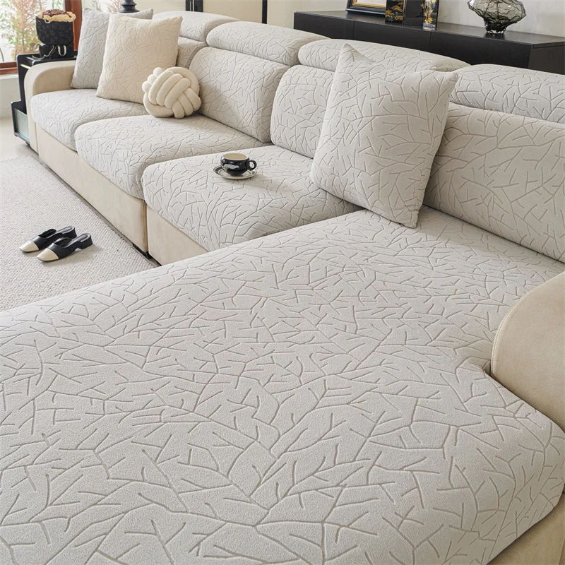 Branch-patterned fleece jacquard sofa cover, dustproof and wear-resistant cushion cover, full-coverage elastic seat cushion cover, modern simple versatile fabric sofa cover