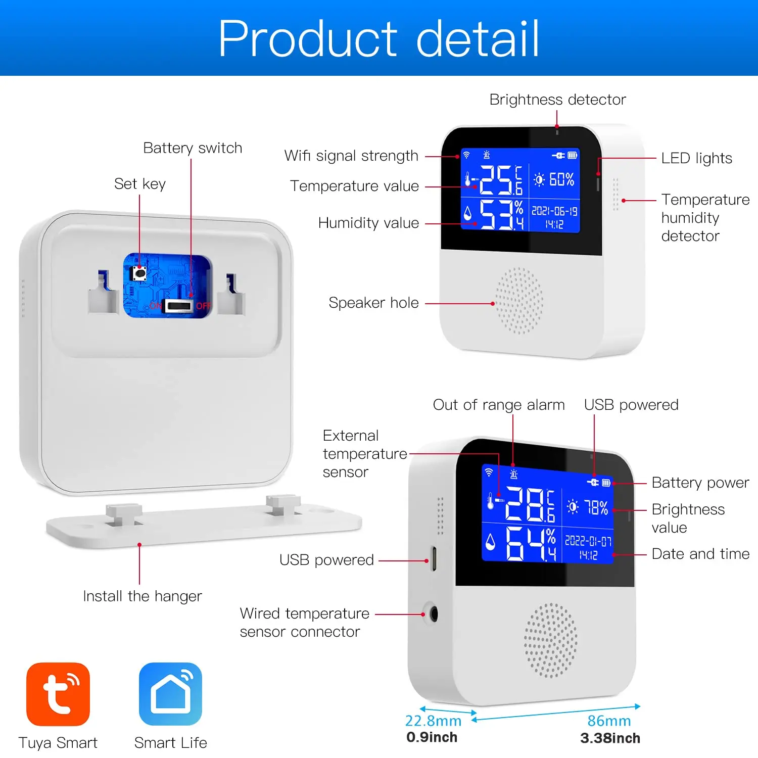 Tuya WIFI Temperature Humidity Sensor Alarm Indoor Outdoor Meter Thermometer Detector Alexa Google Home