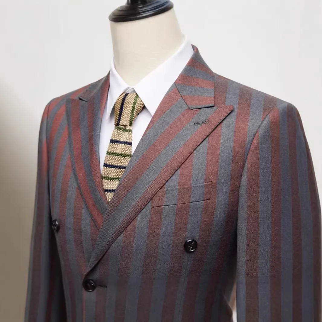 Men's Double-breasted Striped Two-piece Suit, Featuring A Jacket and Pants Perfect for Weddings / Parties. Red, Gray, Yellow.