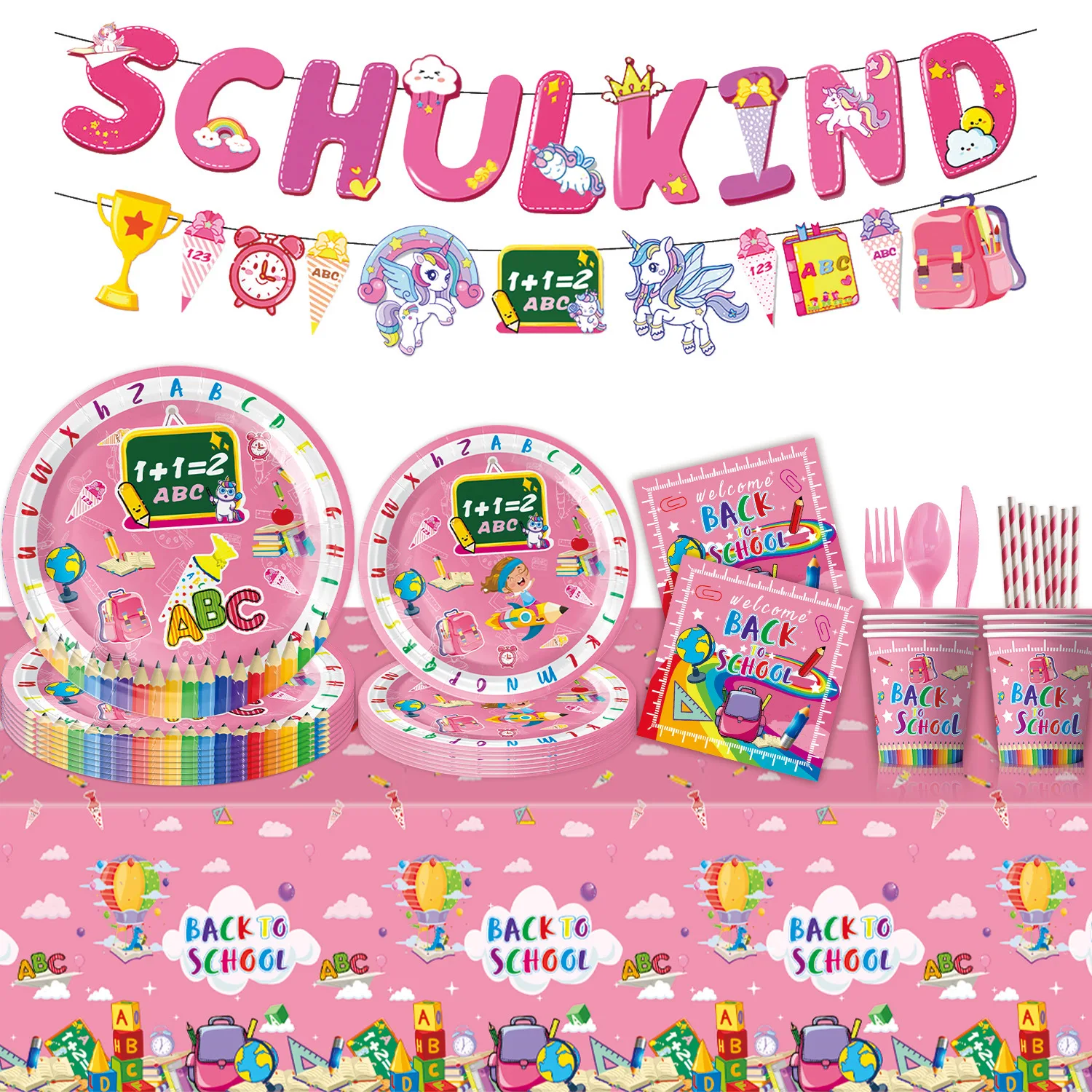 Welcome Back to School Decoration-First Day of School Tableware Welcome to School Plates Cups Napkins Tablecloth (Pink)