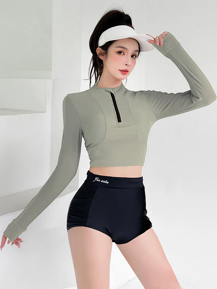 Alice High Waist Skirt Style Long Sleeve Women's Swimsuit Thermal Spa Three Piece Set Sports Fitness Nylon round Neck Bikini
