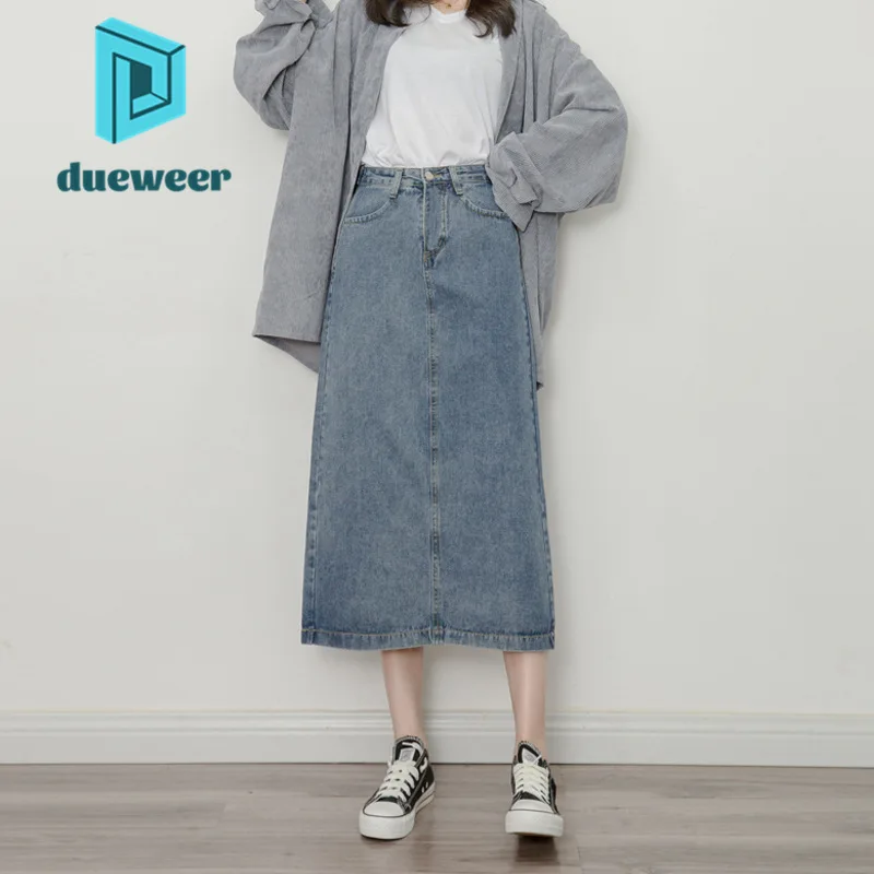 

DUEWEER Korean Fashion Retro High Waist Slit Long Denim Skirt Women Holiday Outfits Harajuku A Line Midi Skirt Aesthetic Clothes