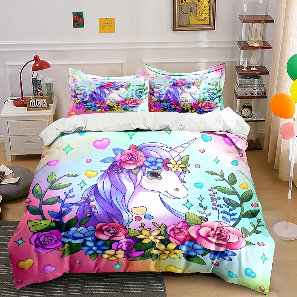 Magical unicorn with colorful floral wreath Bedding Set for Kids Luxury Gift 3pcs Digital Print Comforter Set Soft Comfortable