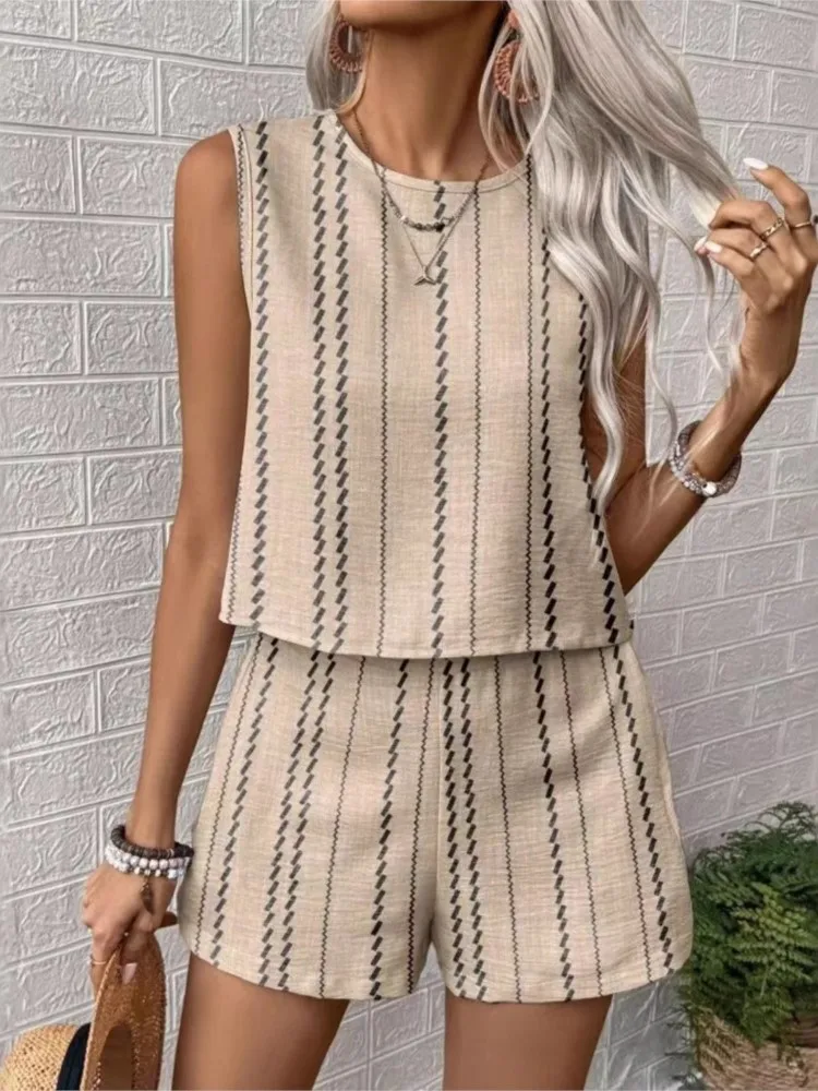 

Fashion Striped Print Set Female Casual O Neck Sleeveless Pullover Tops High Waist Shorts Two Piece Sets For Women Summer New