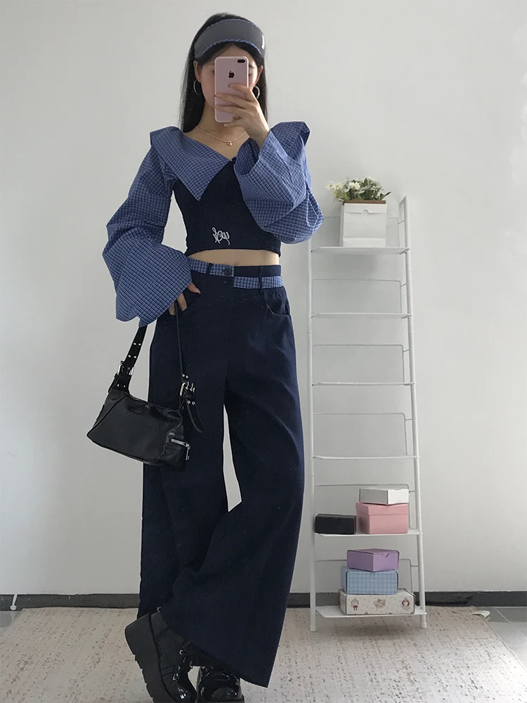 Korean College Sle Striped Patchwork Long Sve irt Women's High Waist Slimming Wide Leg Pants Faion Set Autumn 2025