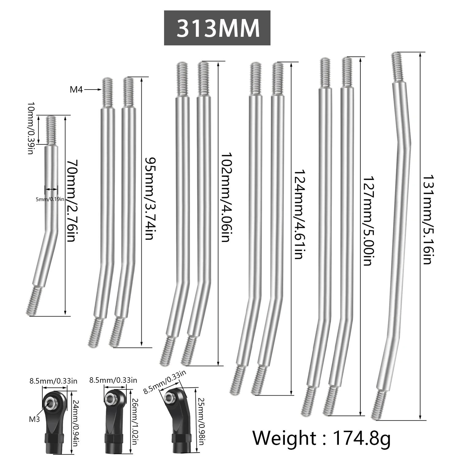 10 Uds. De eslabones de Metal RC, conjunto de eslabones de chasis de enlace superior + inferior con extremo de varilla de plástico para coche trepador de control remoto AXIAL SCX10 II 1/10 90046