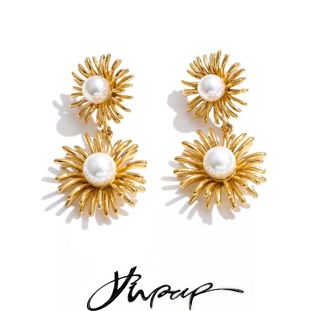 Yhpup Fashion Imitation Pearls Flower Drop Dangle Earrings for Women Stainless Steel Modern Statement Jewelry Waterproof 2026
