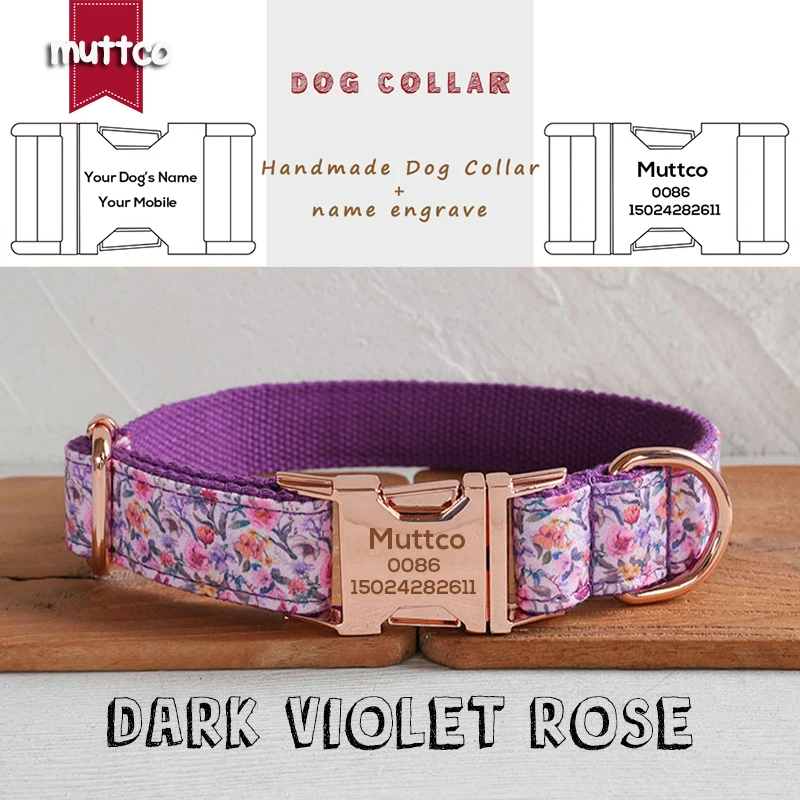 MUTTCO engraved metal buckle collar DARK VIOLET ROSE personalized dog ID tag collar 5 sizes nameplate anti-lost supply UDC189