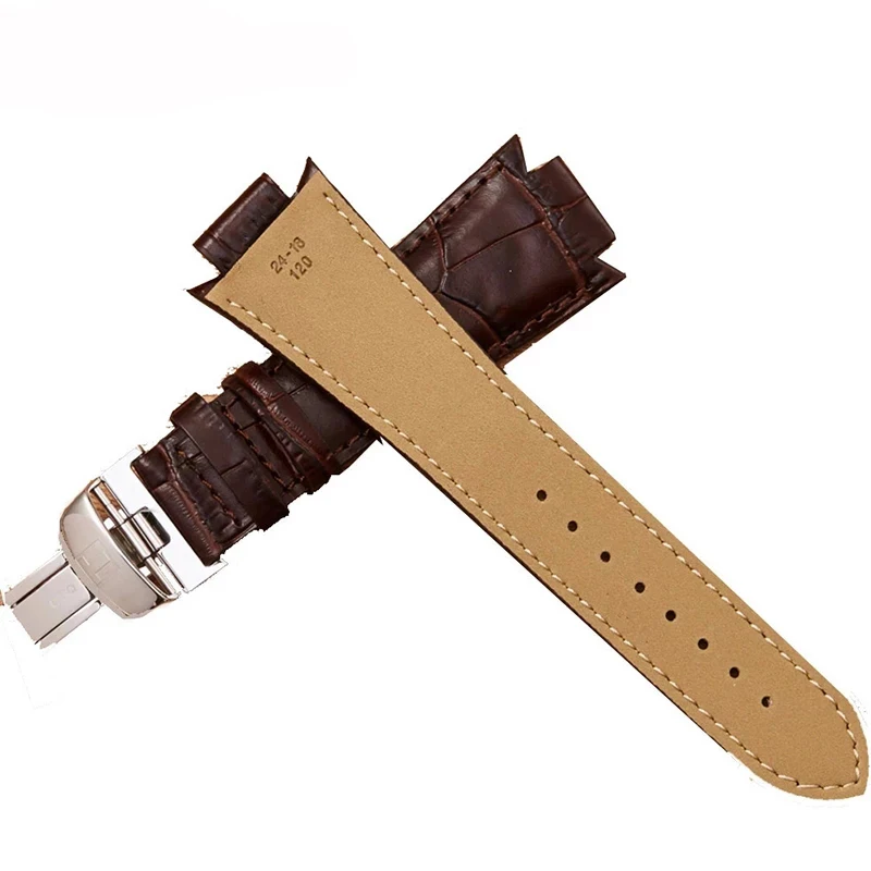 24x14mm Convex End Cowhide Leather Watchband for 1853 Tissot T60 Strap L875 / 975K Belt Watch Strap Butterfly Buckle Bracelet