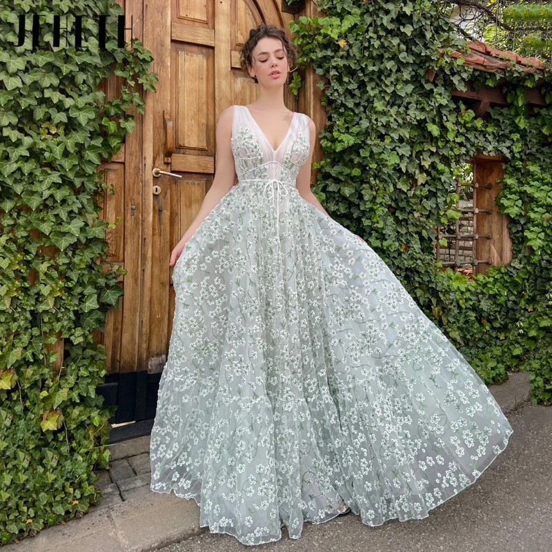 

JEHETH Pastoral Illusion Flower Prom Dress Women Tulle V-Neck Party Sleeveless Belt Gown Backless Vintage Robes De Soirée A-Line