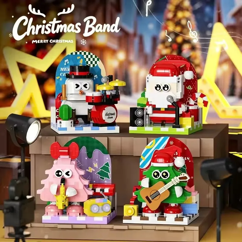 Creative Christmas Rock Band Building Block Set, Santa Snowman Xmas Tree Music Stage Bricks Model, DIY Home Decor Toy