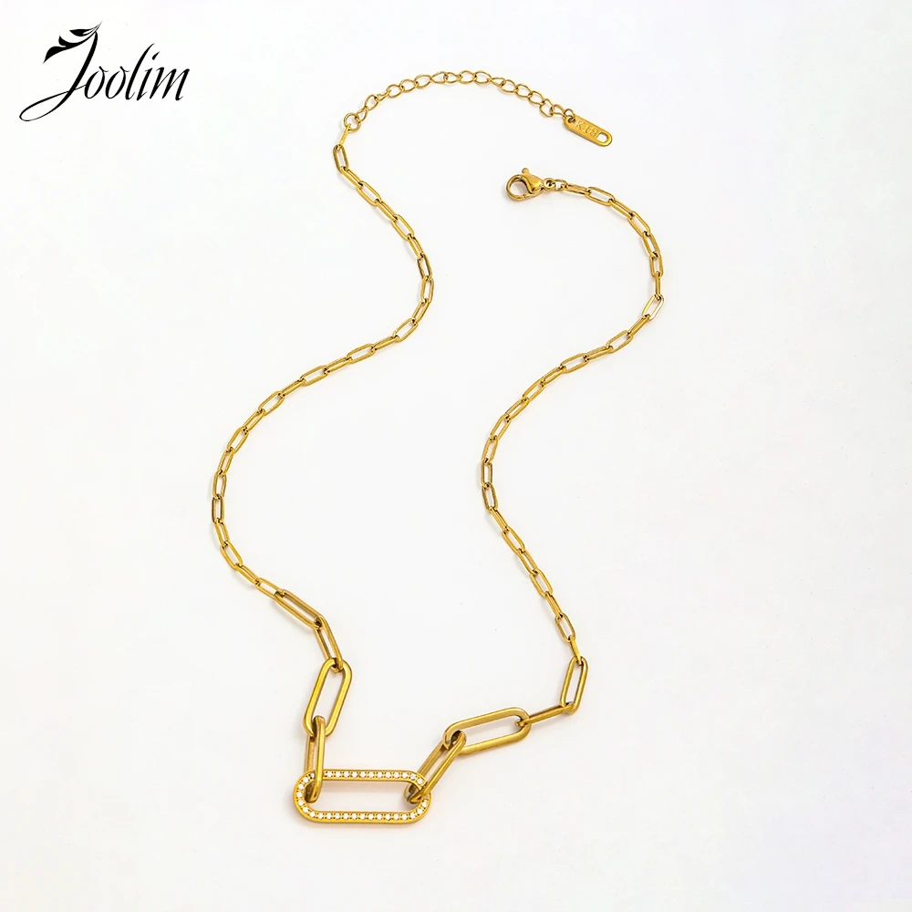 Joolim Jewelry Wholesale Fashion Oval Zirconia Pave Pendant Paper Pin Link Chain Stitching Stainless Steel Necklace for Wom