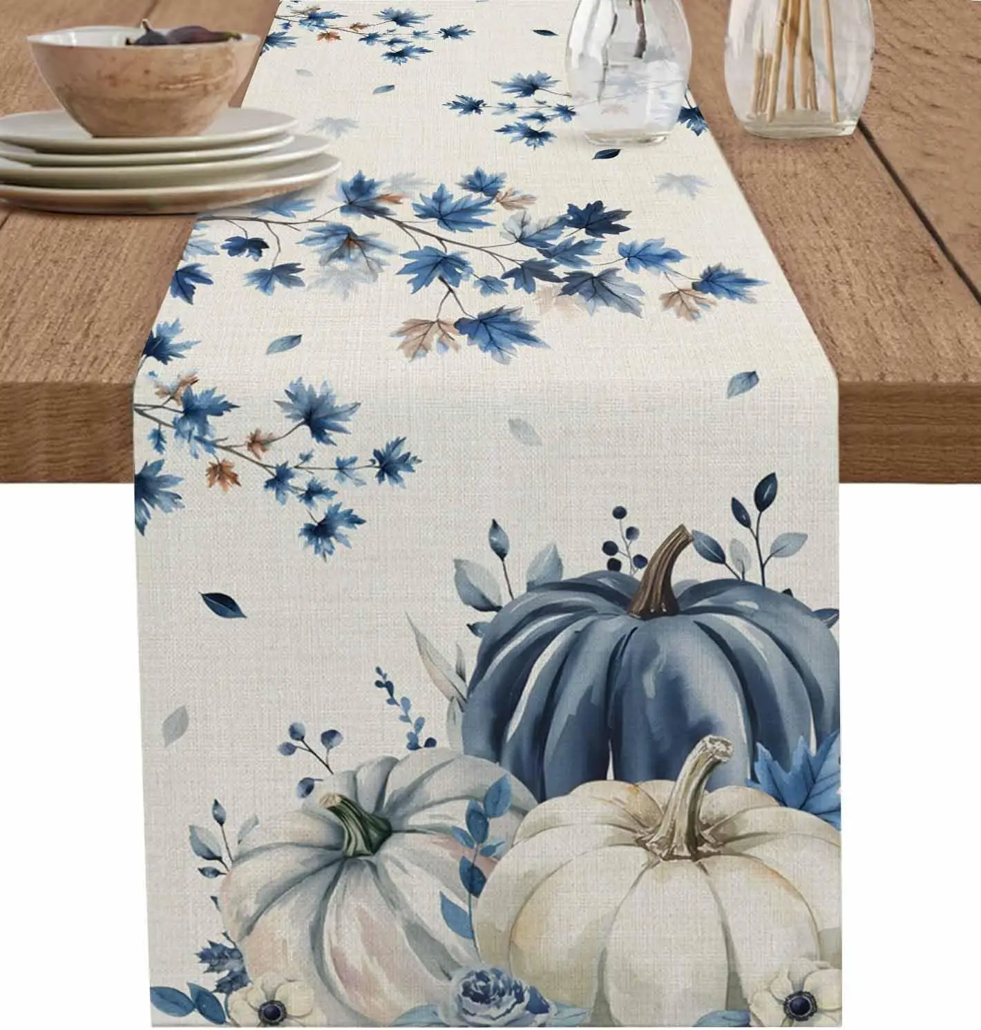 Fall Harvest Blue Pumpkin Maple Leaf Linen Table Runner Party Decor Farmhouse Kitchen Dining Table Runner Autumn Decorations