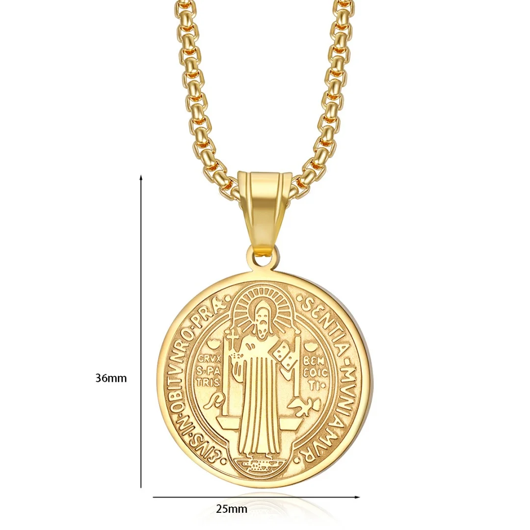 Religious Saint Benedict Pendant Gold Silver Color Stainless Steel Christian Prayer Faith Round Necklace for Woman Man Jewelry