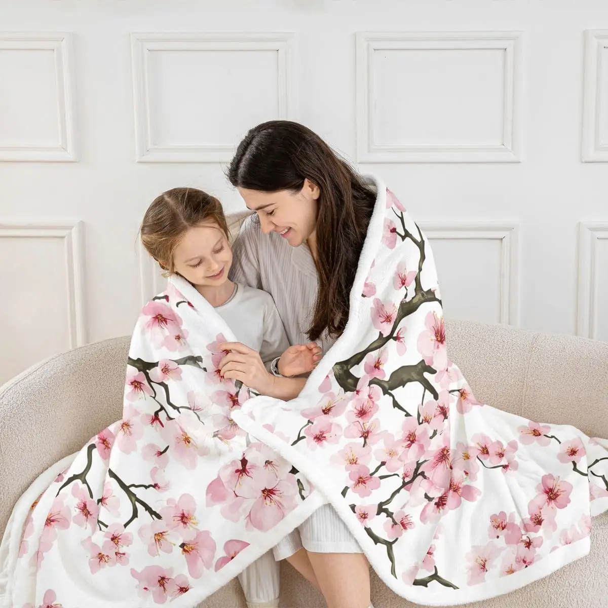 Spring Flowers Flannel Blanket,Cherry Blossom Floral Bed Blanket for Home Decor,Japanese Style Blankets for Kids Adults Sofa