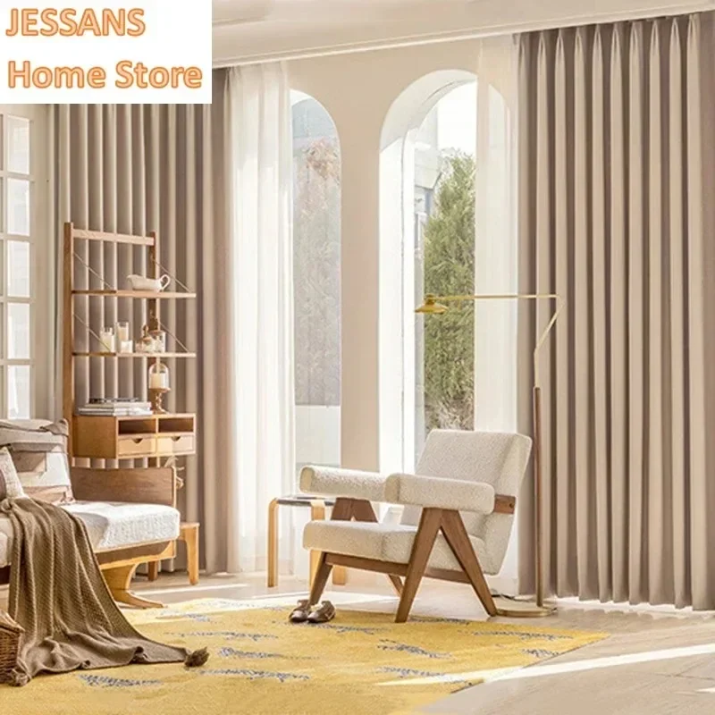 

Milk Tea Chenille Curtains Luxury Thickened Blackout Curtains Living Room Bedchamber Insulation Jacquard Curtain for Office