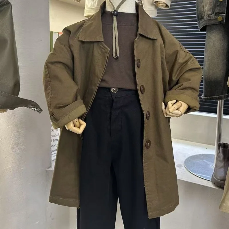 Spring Fall New Boys Girls Solid Color Casual Trench Coat Children Fashion Mid-Length Windbreaker Kids Single Breasted Clothes