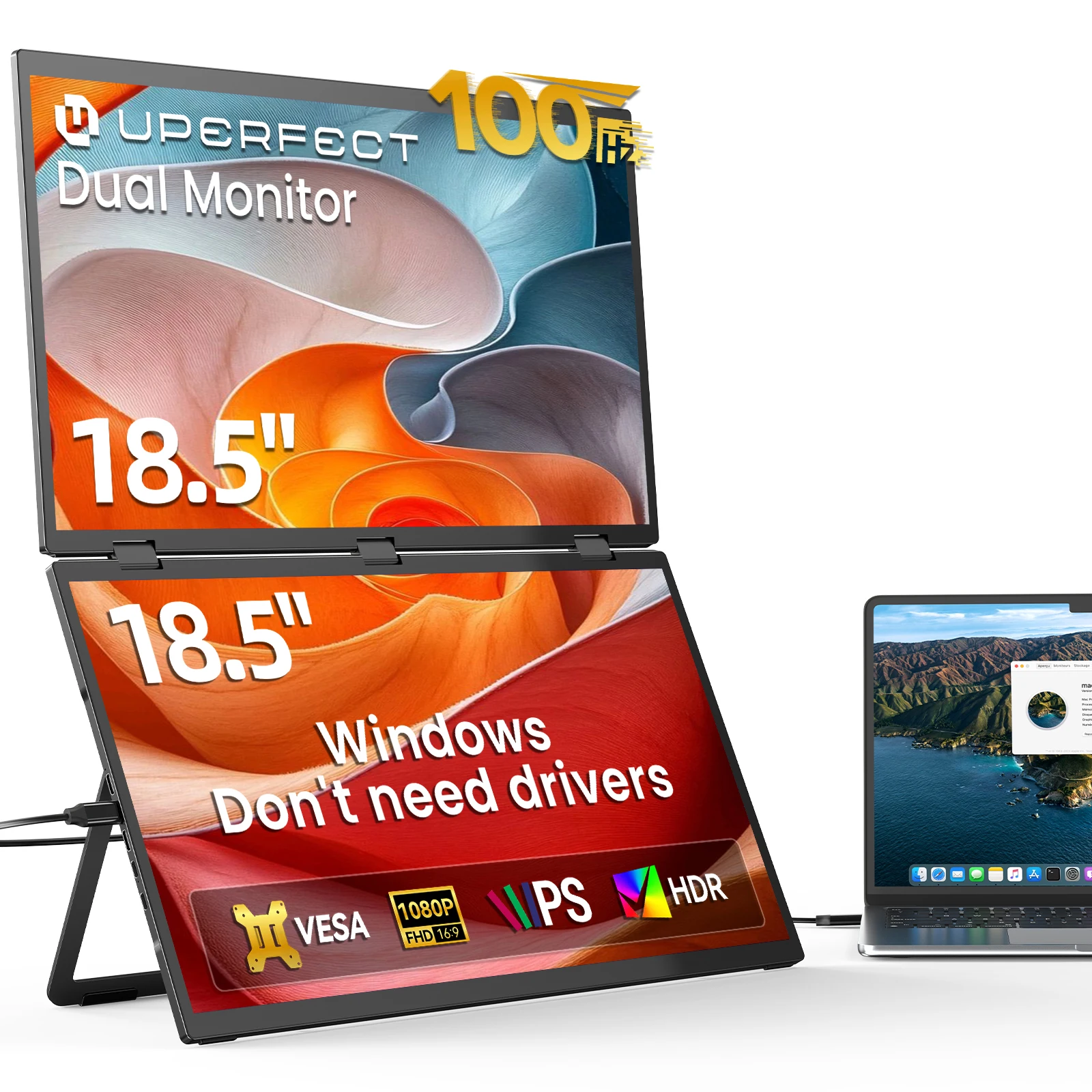 UPERFECT Delta 100HZ Dual Portable Monitor 18.5" 1080P FHD IPS Folding Stacked Triple Laptop Screen Extender USB-C Plug & Play Travel Extended Computer Display For Laptop PC Windows Mac w/Stand & VESA Mountable