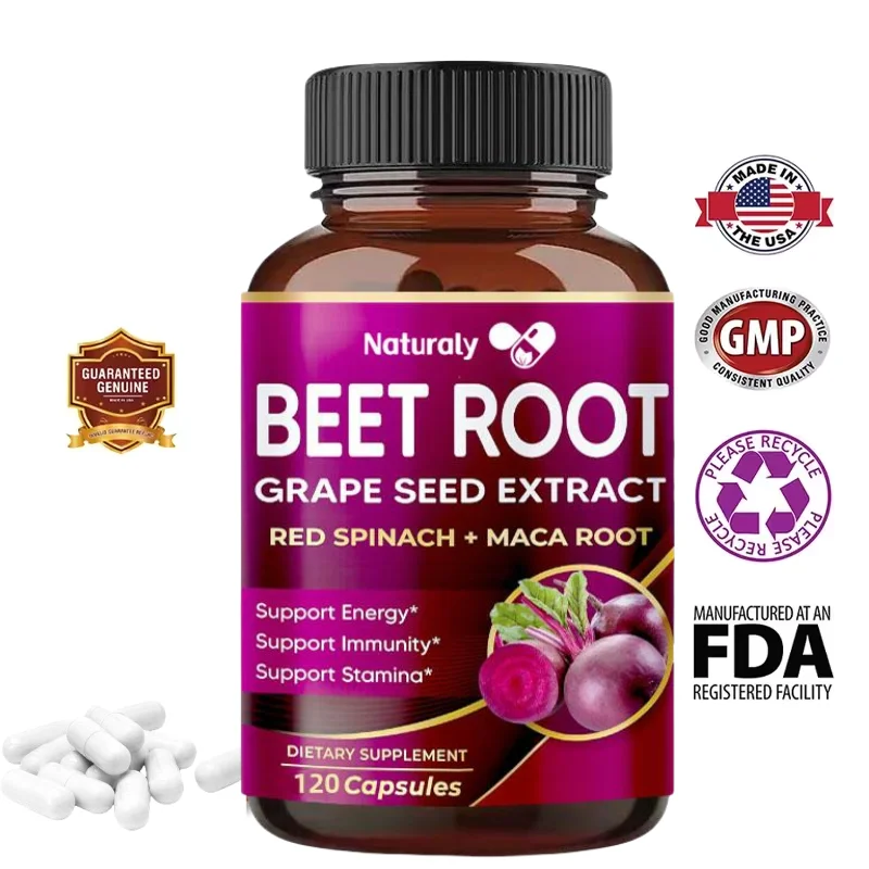 9600mg beetroot x12 potency, containing grape seed extract, maca root, red spinach, South African drunk eggplant - a heart suppo