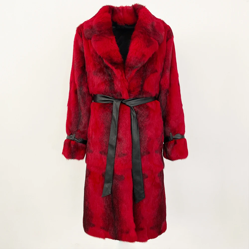 فوق الركبة جلد كامل المستوردة المرأة موضة ليوبارد طباعة معطف سميكة الدافئة الفراء المتكاملة الخريف الشتاء معطف فرو الأرنب #2