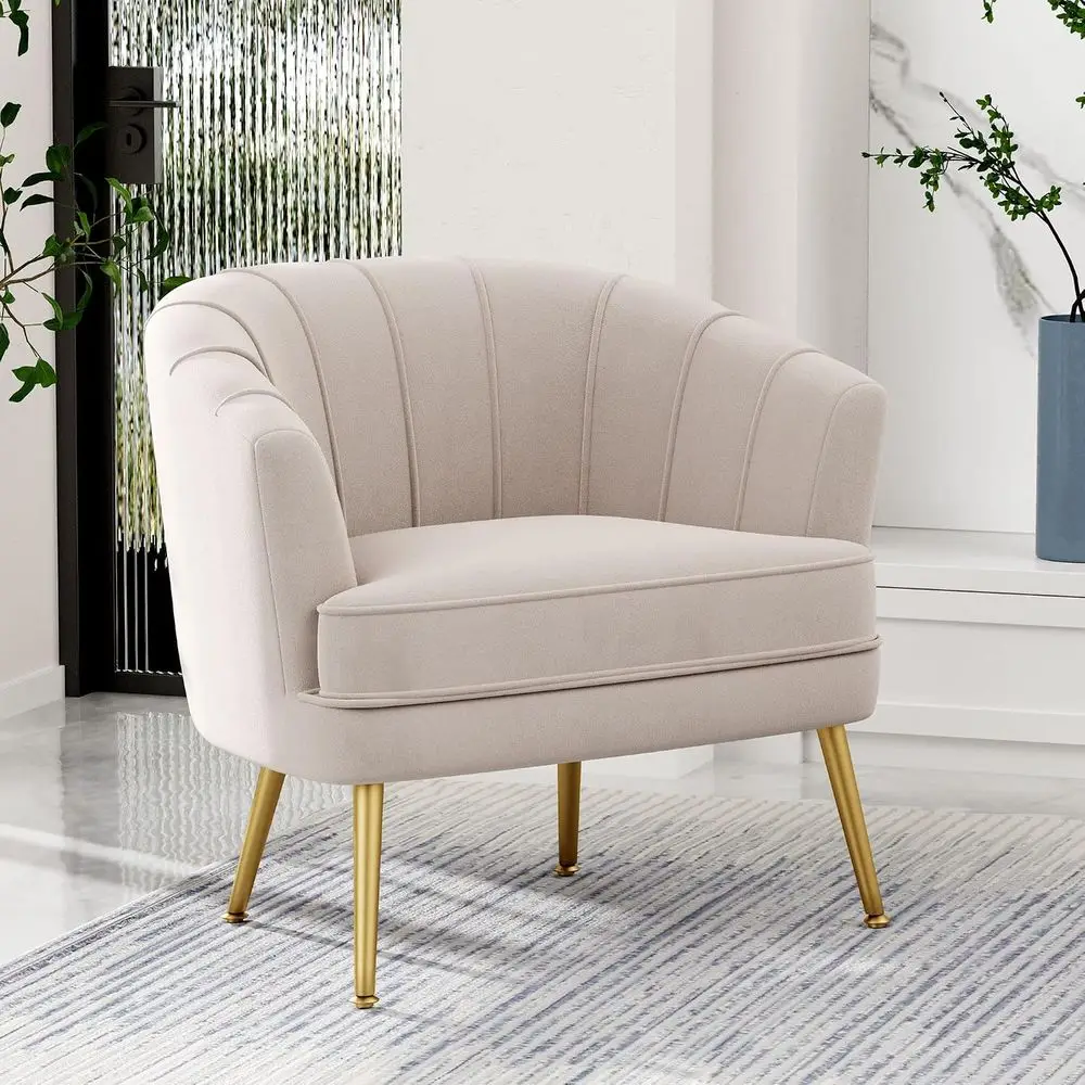 Velvet Accent Chair, Upholstered ern Single Soa Side Chair,Comy Barrel Club Living Room Armchair with n Metal Legs or Bedroom Li