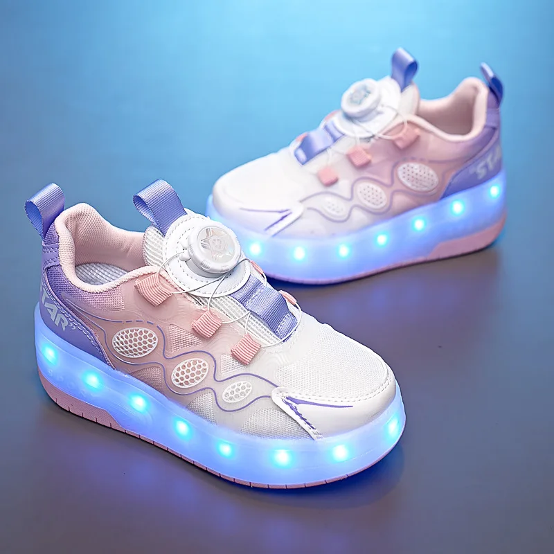 Two Wheels Unisex Children LED Shoes Fashion Swivel Button USB Recharge Roller Skates Mesh Breathable Kids Sneakers Size 28-37