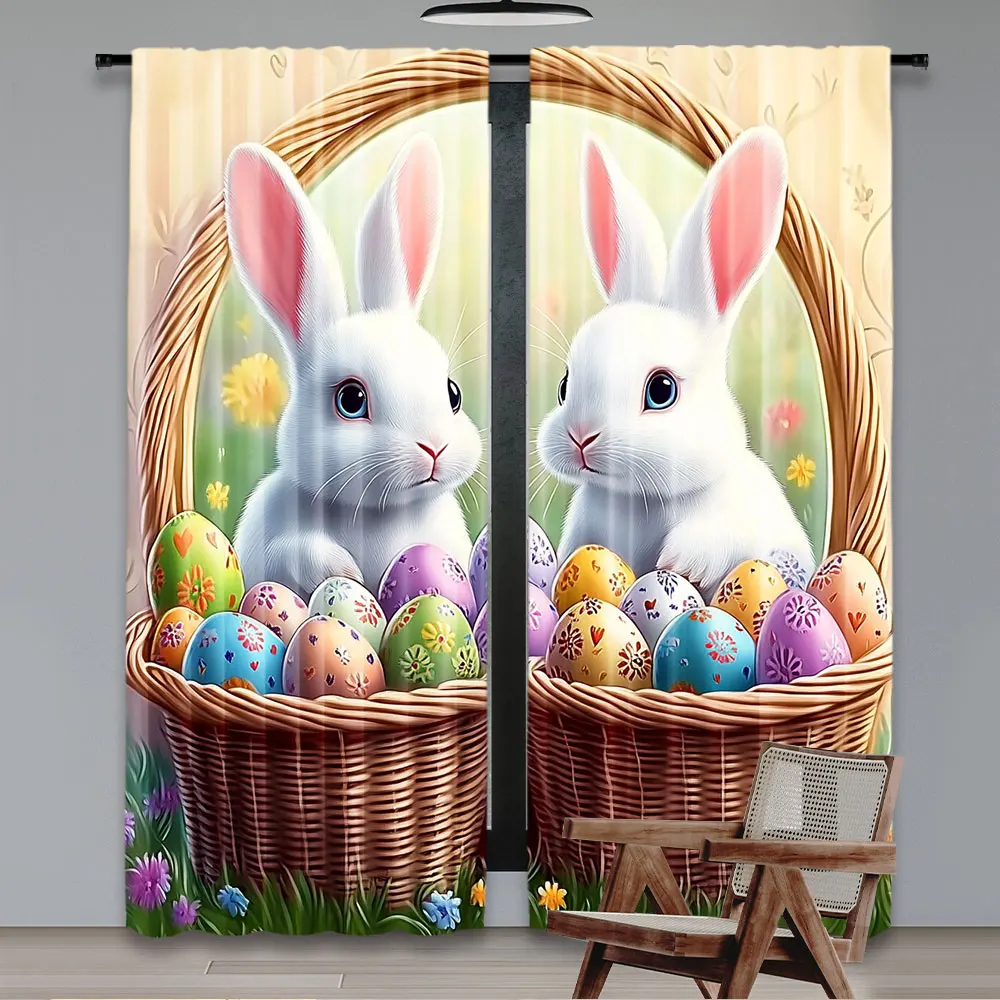 2Pcs Vintage Rabbit Print Curtains Elegant Modern Style For Living Room Bedroom Or Kitchen Easter Decor And Many Other Occasions