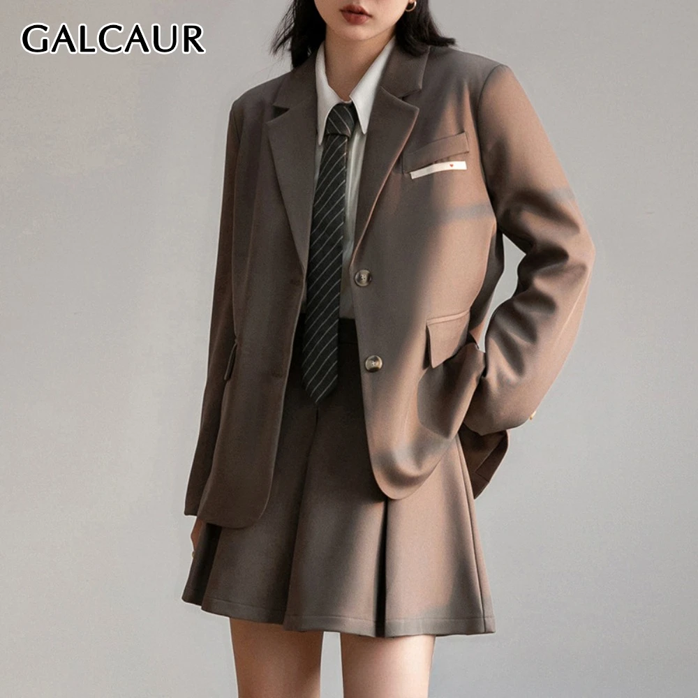 GALCAUR Solid Two Piece Set for Women Lapel Long Sleeve Spliced Pockets Coat Patchwork Folds Skirts Fashion Sets Female Clothing