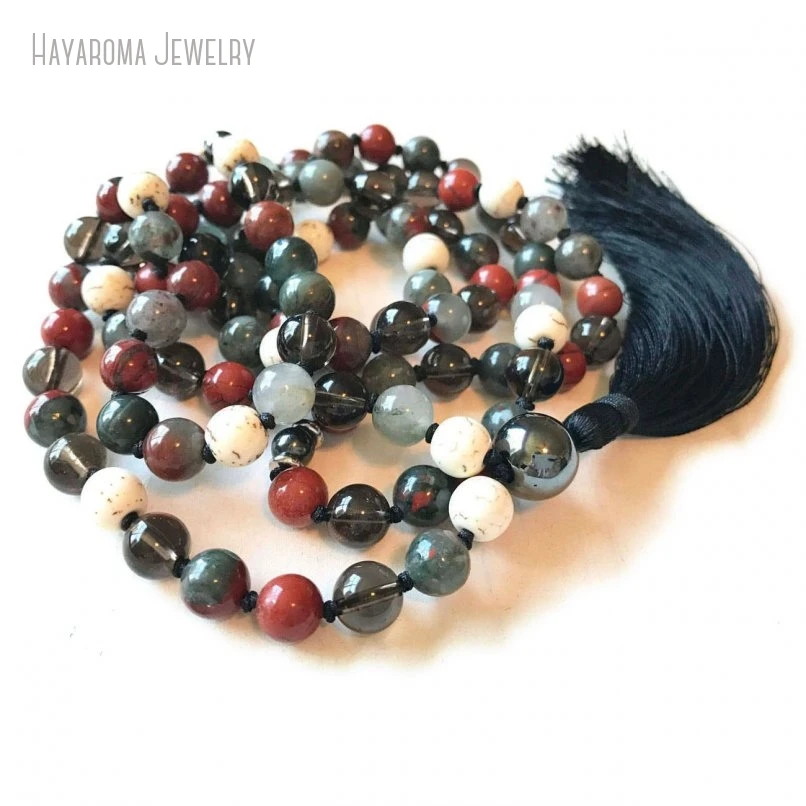 10Pcs Root Chakra Unisex Ganesha Bloodstone Meditation Tibetan 108 Japa Mala Bead Japamala Necklace