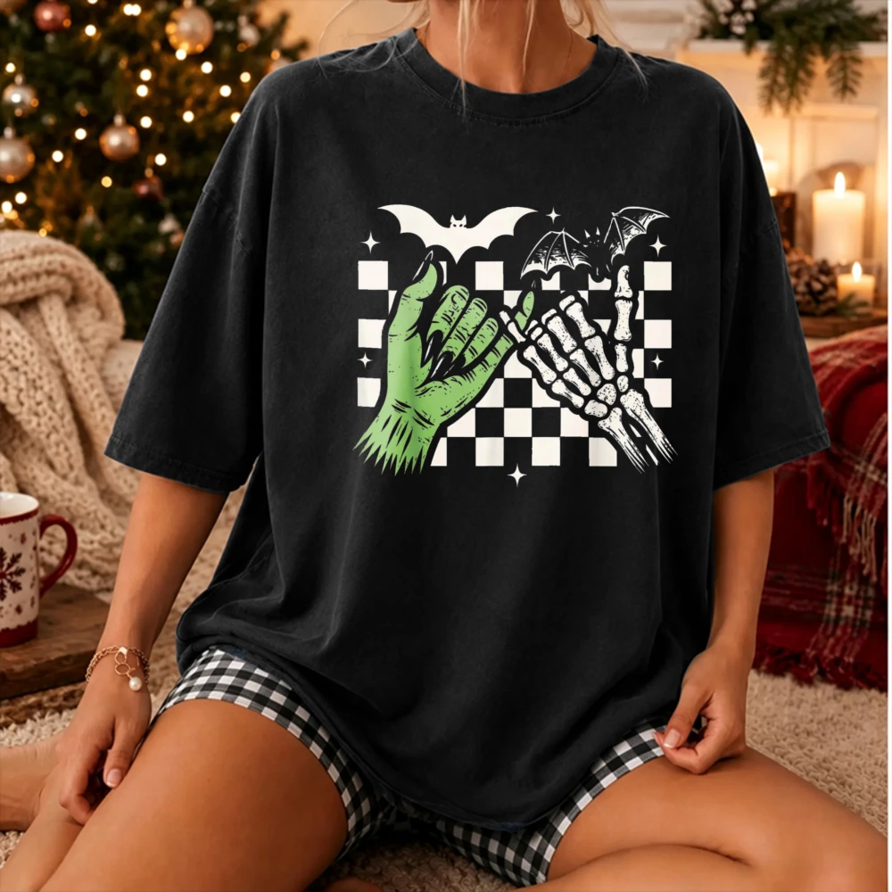 Halloween Pinky Promise Zombie Hand Skeleton Hand Checkered Bat Graphic T‑Shirt Retro Spooky Gothic Print Crew Neck Casual Tops