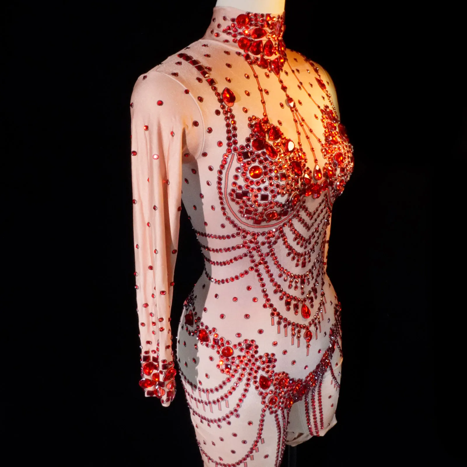 Combinaison en cristal rouge scintillant, manches longues, sexy, club, fête d'anniversaire, justaucorps, spectacle de pole dance, costumes drag queen de célébration
