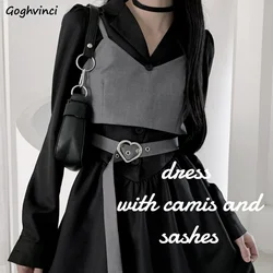 Long Sleeve Dress Women Notched Mini Elegant Korean Style All Match Autumn Popular Vintage Leisure Girlish Street Wear College