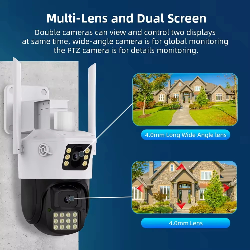 8MP Outdoor Dual Len WiFi Camera ICsee 360 PTZ 4K HD Dual Screen Color Night Vision Security IP Camera Video Audio Surveillance