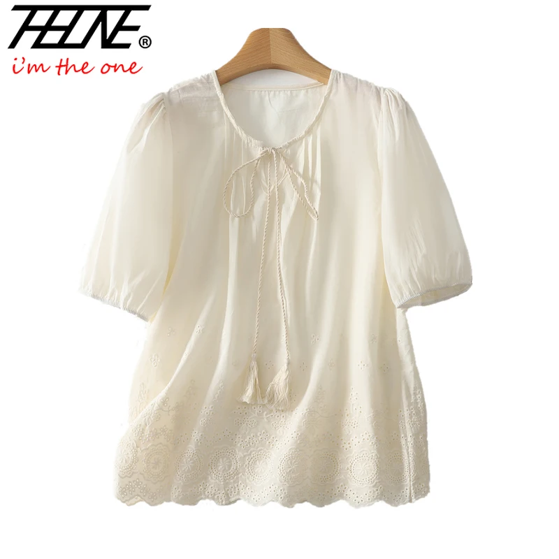 THHONE ฤดูร้อนแฟชั่นผู้หญิงเสื้อ 2025 เย็บปักถักร้อย Vintage Pullover แขนสั้นสบายๆเกาหลีเสื้อหลวมผู้หญิงเสื้อผ้า