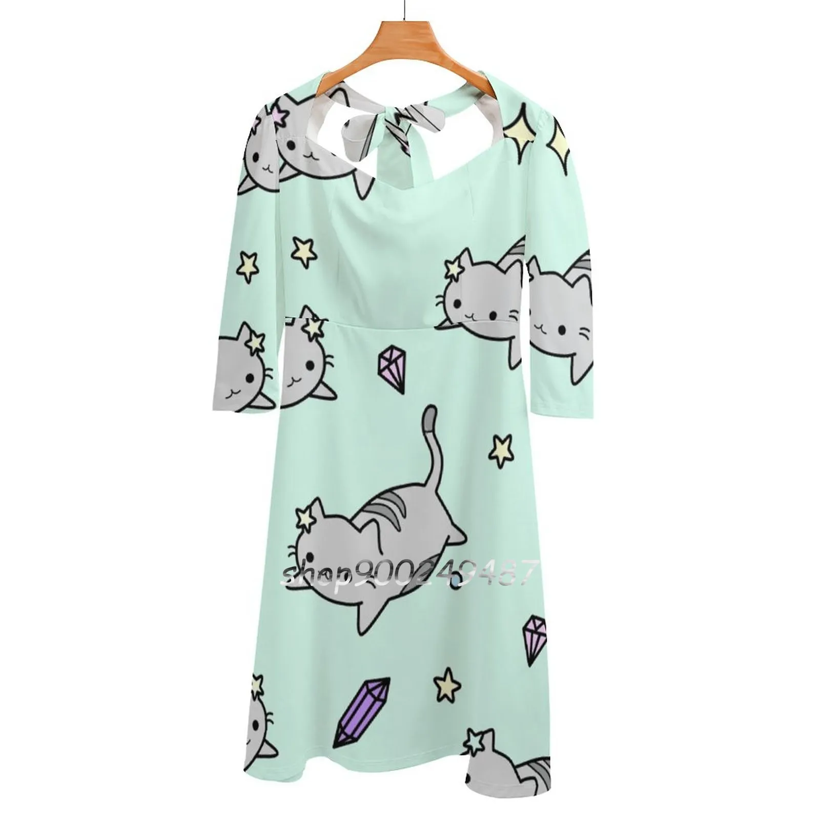 Cute Kawaii Cat Pattern Sweet Elegant Dress Women Korean Kawaii Square Collar Dress Cute Kawaii Cat Cat Pattern Kitten Star