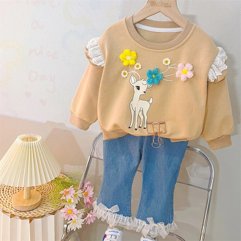 Autumn Children Clothing Sets Baby Girls Cartoon Sweatshirt Jeans Two Piece Suit Infant Clothes Outfits Kids Princess Costumes