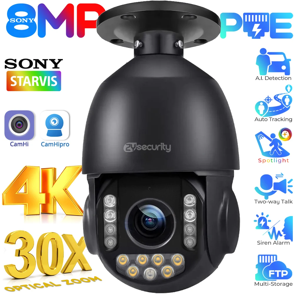

4K 30X Optical Zoom PoE Security Camera Outdoor 8MP 360° Human Vehicle Detect Auto Tracks Auto Zoom IP PTZ Camera Ceiling Mount