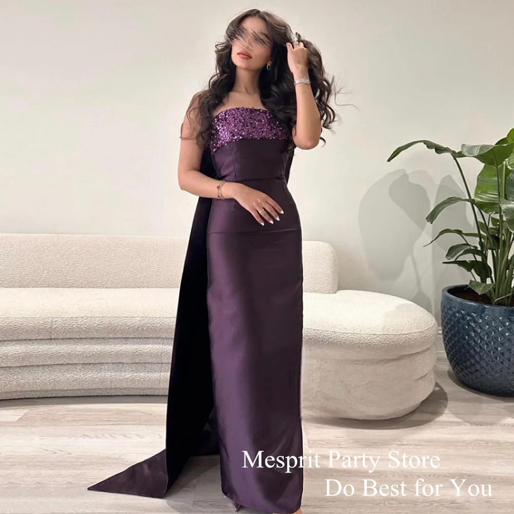 Purple Sequined Prom Dress Strapless Sleeveless Back Big Bow Straight Satin Evening Dresses Floor Length Formal Occasion Gowns