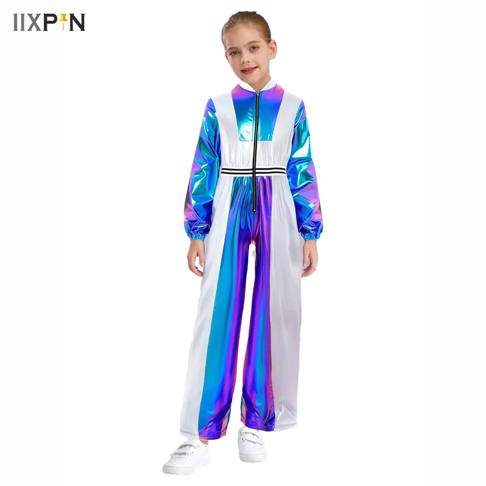 

Kids Girls Metallic Jumpsuit Long Sleeves Stand Collar Color Block Bodysuit for Retro Disco Jazz Dance Hip-Hop Stage Performance
