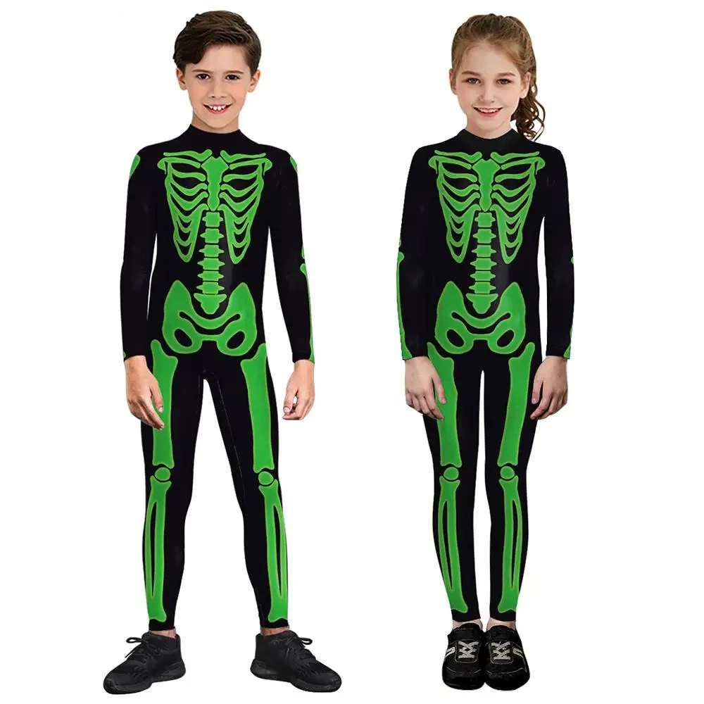 Halloween Children Green Black Skeleton Costume Boys Girls Role Playing Bodysuit Holiday Party Costume Jumpsuits Stretch Tights