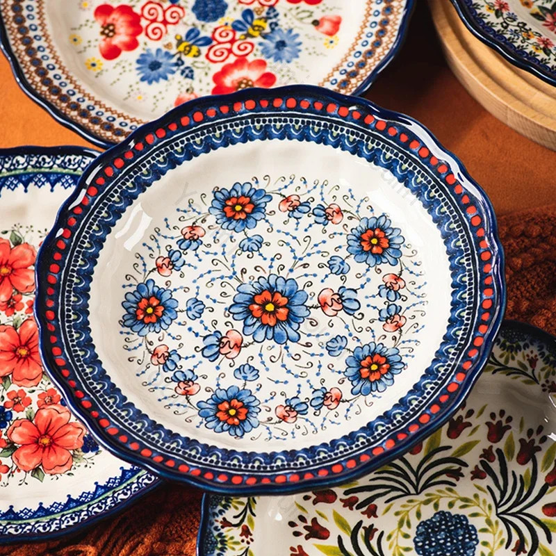 Vintage Flower Ceramic Plate Multiple Colors Creative Dining Plates Home Dishes Deep Plate Restaurant Serving Tray Tableware