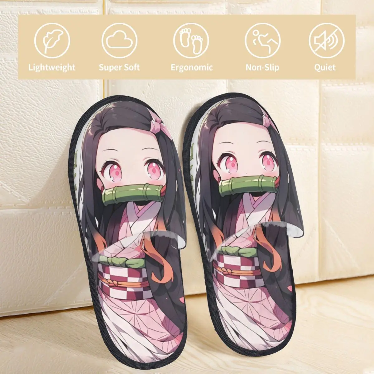 Winter Home Cotton Slippers Anime Kawaii Nezuko Merch Household Fur Slippers Slides Bedroom Demon Slayer Soft Non Slip Slides