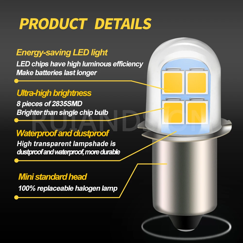 Ruiandsion 2pcs P13.5S LED Bulb White Warm White 2835 8SMD Chips 4.5V 6V LED Bulb Upgrade  Headlamps Flashlights Torch Lights