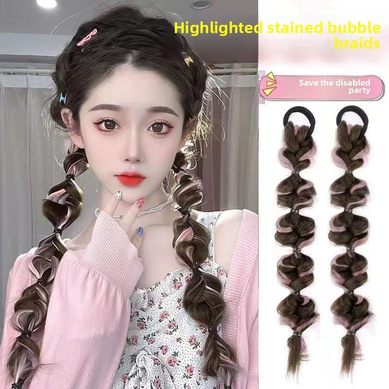 

Wig Ponytail Twist Braid Bubble Braid Ponytail Lantern Braid Cute Internet Celebrity Fluffy Double Ponytail Synthetic Wig