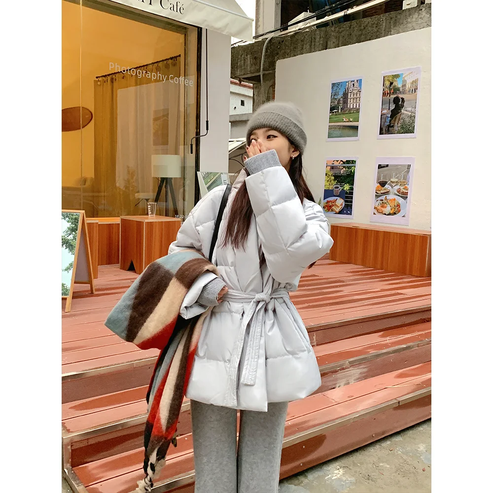 

Gagarich Korean Fashion 2025 Coffee Color Waist Tied Cotton Coat 2025 Winter Temperament Elegant Warm Mid Length Jacket Parkas