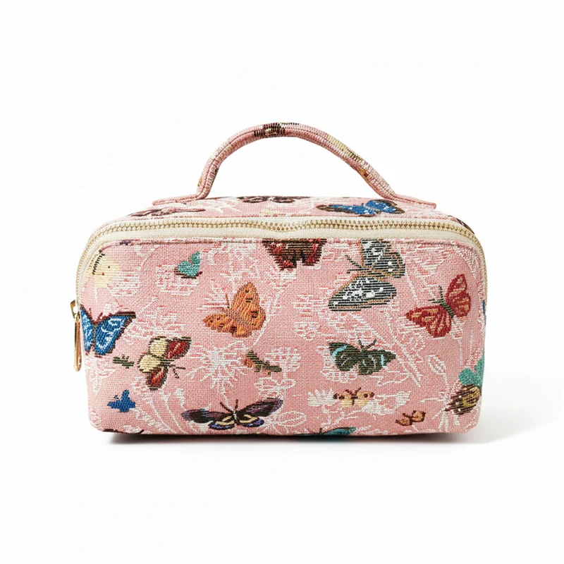 Women's Jacquard Canvas Open Makeup Bag for Cosmetics Storage Fashionable Storage Pouch with Zipper Closure
