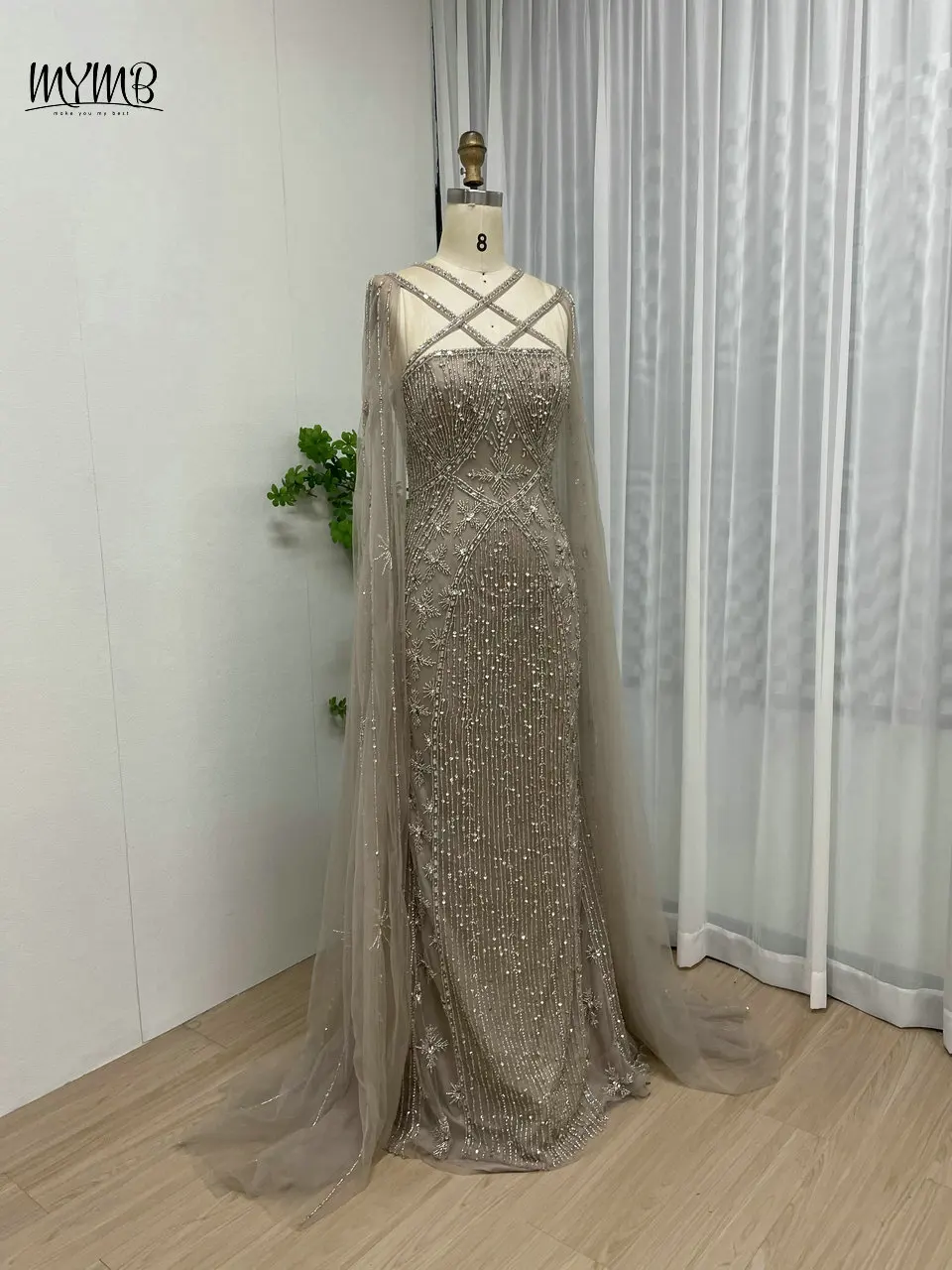 MYMB Gorgerous Dubai Cape Sleeves Mermaid Wedding Guest Gowns Arabic Luxury Caramel Beaded Evening Dresses vestidos de gala 2025