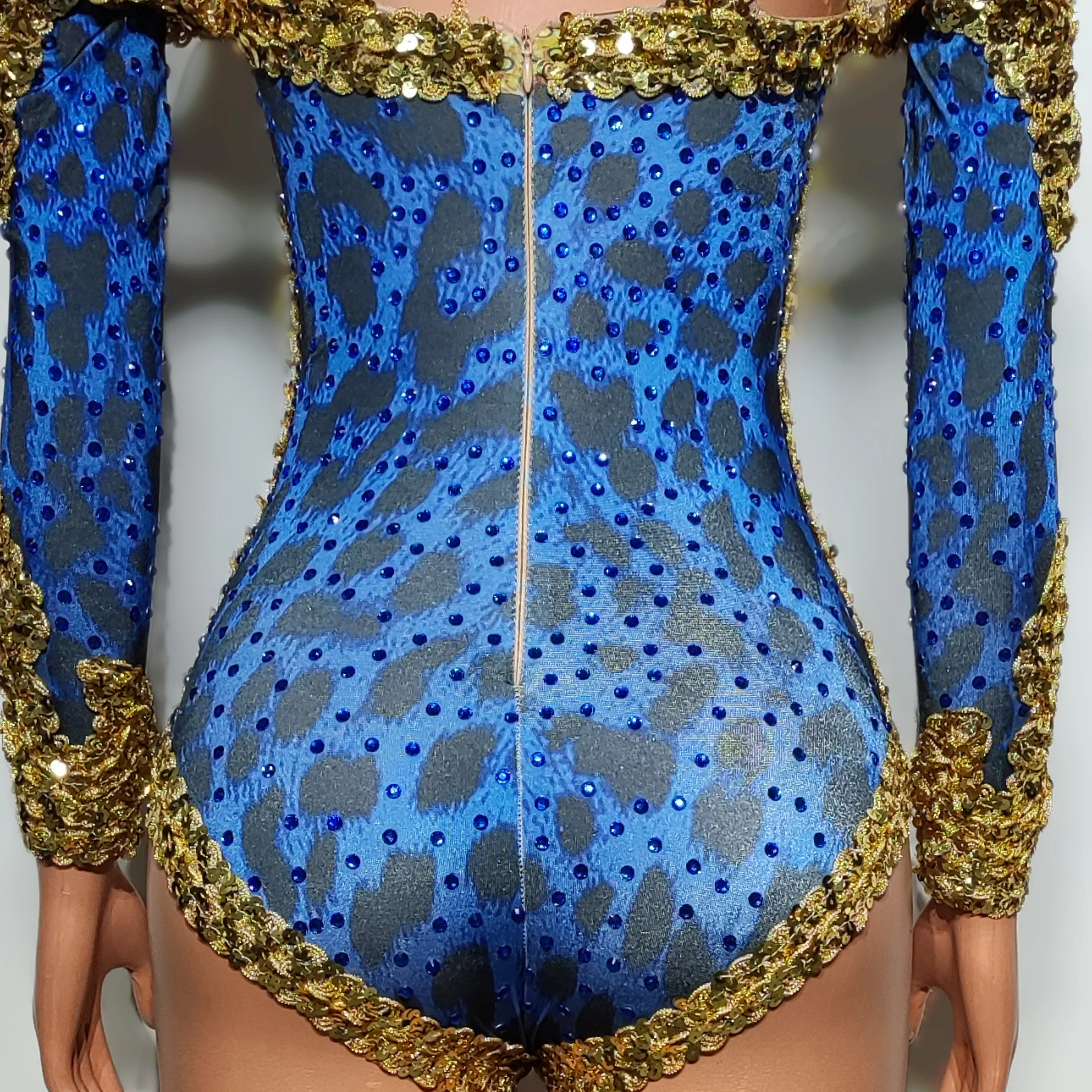 Body de leopardo azul con hombros descubiertos, ropa de actuación de cantante con lentejuelas y diamantes de imitación, mono elástico, ropa de bailarina Gogo