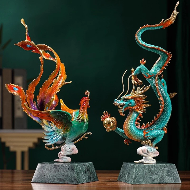 Brass dragon and phoenix ornament Qinglong phoenix ornament living room wine cabinet TV cabinet opening housewarming gifts